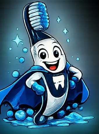 Brush Buddy, a toothbrush superhero with a blue mask and cape