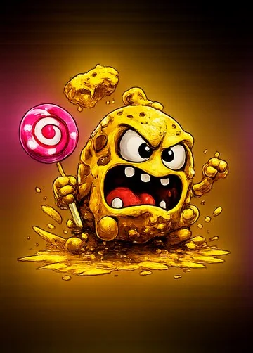 The Sugar Gremlin, a candy-covered villain yelling about sugar